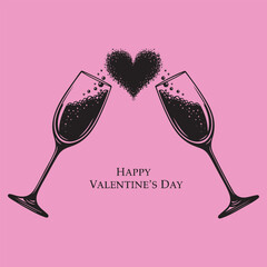 Two Champagne Glasses Toasting with Heart Shaped Splash, Romantic Happy Valentine's Day Vector Illustration on Pink Background