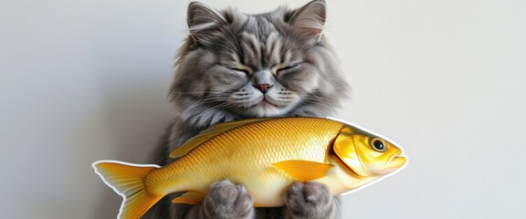 A fluffy grey cat holding a large golden fish. Funny pet with a happy and content expression. Cute animal and food concept with copy space