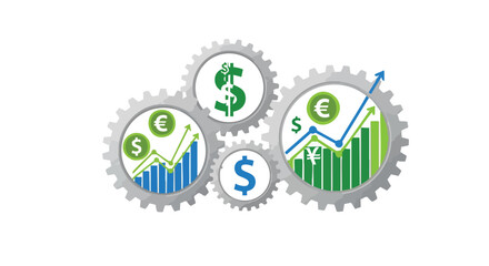A conceptual illustration depicts financial growth and global currency exchange, featuring gears with dollar, euro, and yen symbols, alongside rising bar graphs, symbolizing economic progress and
