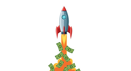 A cartoon rocket ship blasts off, spewing dollar bills as it ascends, symbolizing financial growth, investment, and business success against a clean white background.