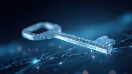 A glowing digital key set against a dark background, highlighting technology and security themes with a futuristic aesthetic.