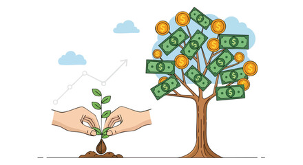 A cartoon illustration depicts hands planting a sapling, symbolizing growth, while a money tree laden with bills and coins represents financial success and investment.