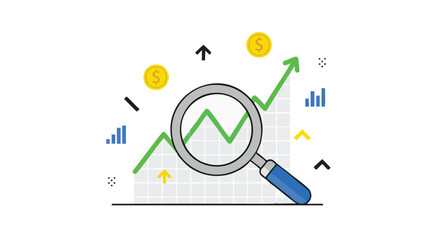A magnifying glass examines a rising financial graph with dollar symbols, illustrating business growth, market analysis, and investment strategies in a modern, flat-design illustration.