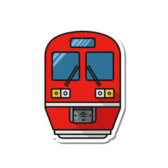 Fototapeta premium Red train front view with yellow roof and blue windows illustration sticker style isolated on black background