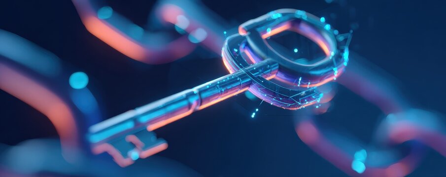 A futuristic, digital key is suspended in a vibrant, abstract background of glowing chains, symbolizing security and technology.