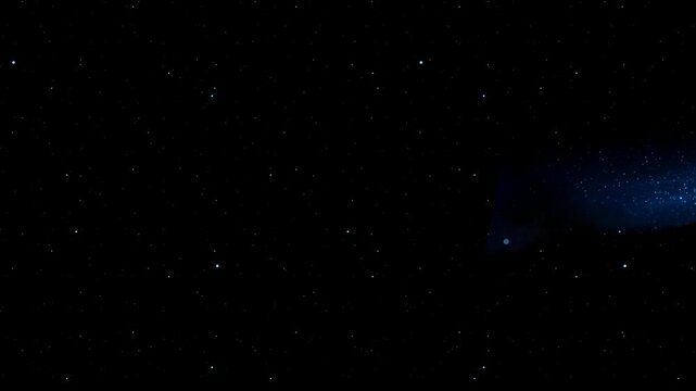 A radiant comet moves through a nebula-rich night sky, surrounded by stellar sparkle and drifting dust. The scene blends fantasy and astronomy into a vivid cosmic spectacle.