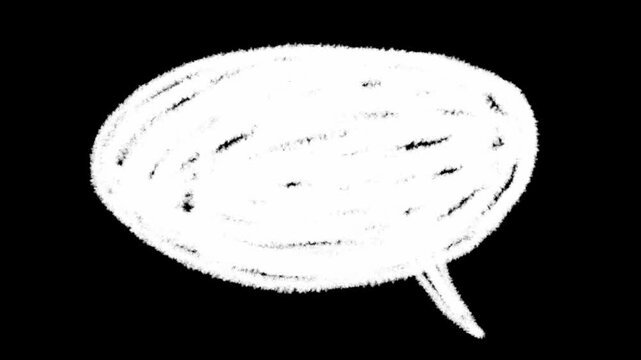 An animated loop of white scribbled brushstrokes forming a messy speech or message bubble on a pure black background. The scene represents communication, ideas, motion graphics, and chaotic art.