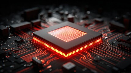 A close-up of a glowing microprocessor on a circuit board, showcasing intricate details and vibrant red lighting.