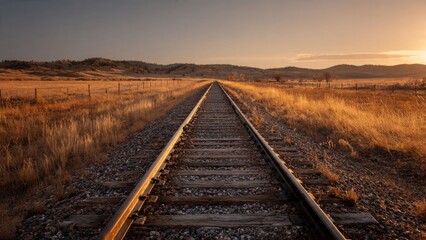 Fototapeta premium Desert Railroad Tracks Stretch Toward Mountains at Sunset
