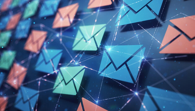 Digital Correspondence: An artistic visual, showcasing the intricate web of digital communication through a multitude of colorful envelopes connected by lines, representing the seamless flow of data.