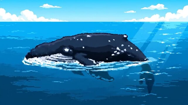 Pixelated artwork of a humpback whale breaching the surface of blue water with sun rays