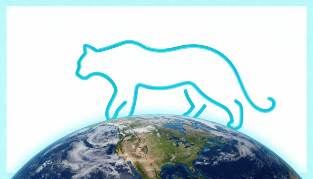 Stylized blue tiger outline walking on planet Earth. Wild cat silhouette over globe for nature conservation concept. International Tiger Day background