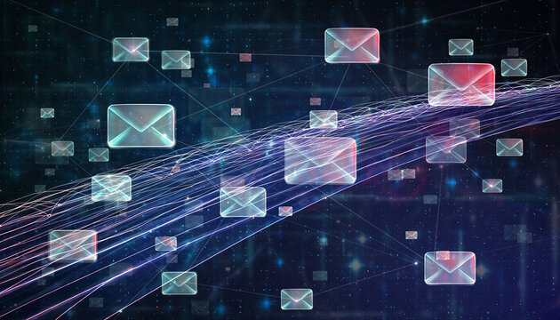 Digital Communication Network: A vibrant network of interconnected envelopes symbolizes the seamless flow of information in a digital landscape. Showcasing connection and exchange. - Powered by Adobe