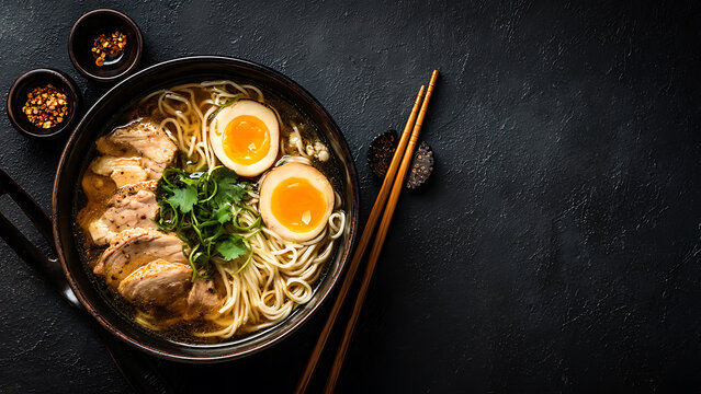 Savory Japanese Ramen with Vibrant Egg Yolks and Pork on a Dark, Moody Background