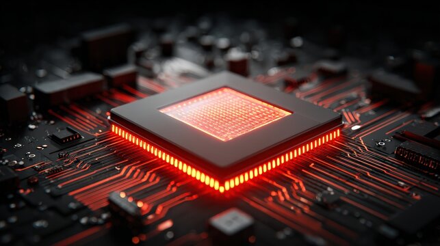 A close-up of a glowing microprocessor on a circuit board, showcasing intricate details and vibrant red lighting.