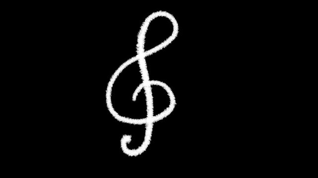 An abstract animated loop of a white, textured treble clef (G-clef) music sign scribbled onto a pure black background. The scene represents music, sound, and creative motion graphics.