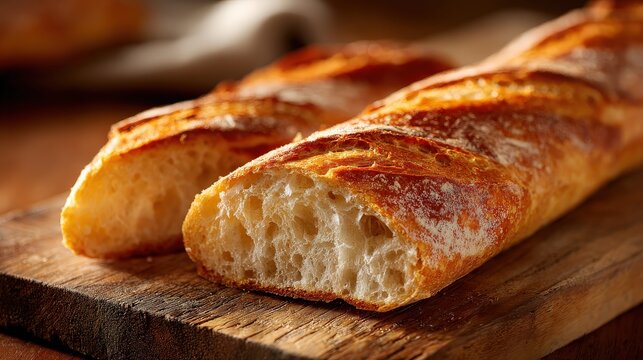 A freshly baked baguette sliced on a wooden board, showcasing its crispy crust and soft interior.