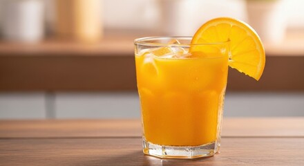 Enjoy a refreshing glass of vibrant orange juice with ice, perfect for a bright and healthy morning