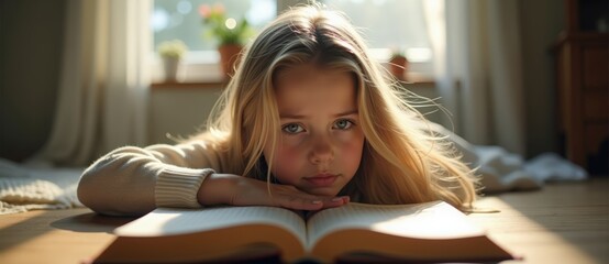 Portrait of a young girl reading a book on the floor in a sunlit room. Child student focused on education and learning. Childhood imagination and knowledge concept