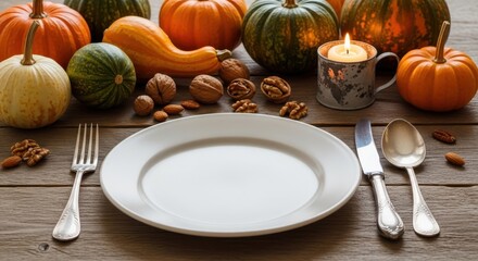 Elegant table setting with pumpkins, nuts and candlelight for Thanksgiving or autumnal celebration