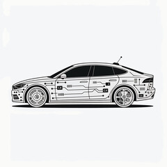 Stylized line art drawing of a modern electric car