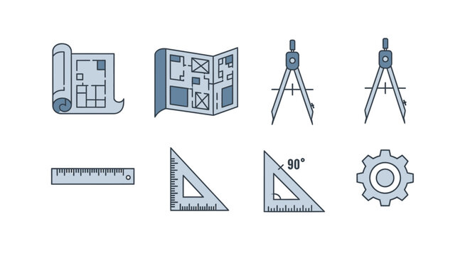 Architectural blueprints and drafting tools set.