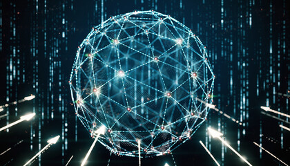 Digital World Network: A luminous sphere of interconnected data points, pulsing with the flow of information, within a cyber space.
