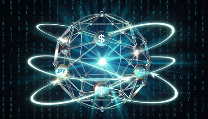 Global Financial Network: A captivating digital depiction illustrating the intricate connections of global finance, with currency symbols interlinked, symbolizing the flow of money.