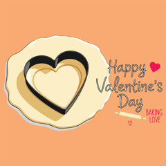 Happy Valentine's Day Baking Concept with Heart Shaped Cookie Cutter on Raw Dough and Rolling Pin Vector Illustration
