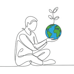 Man holding planet earth with a growing plant in one continuous line drawing