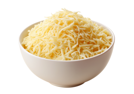 A white bowl filled with finely grated yellow cheese isolated on a transparent background grated cheese