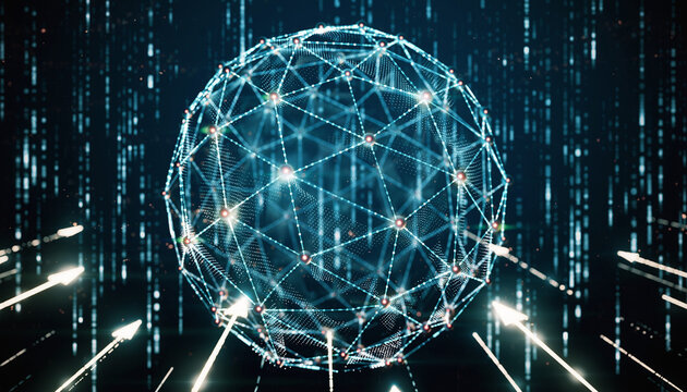Digital World Network: A luminous sphere of interconnected data points, pulsing with the flow of information, within a cyber space.