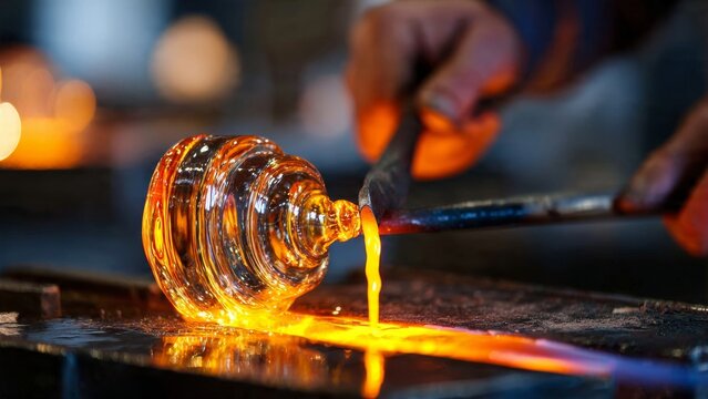 Glassblower Shaping Molten Glass with Tool
