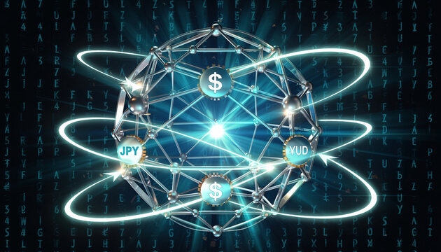 Global Financial Network: A captivating digital depiction illustrating the intricate connections of global finance, with currency symbols interlinked, symbolizing the flow of money.