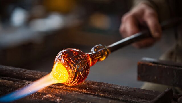 Glassblower Shaping Molten Glass with Tool

