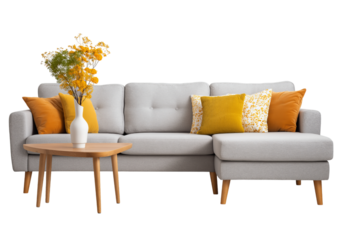 Light gray sectional sofa with decorative pillows and a vase of yellow flowers on a wooden coffee table isolated on a transparent background
