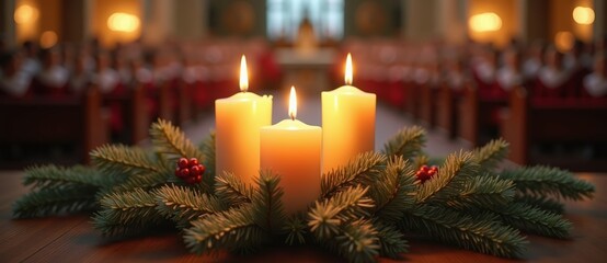 Three lit Christmas candles in a festive fir branch arrangement. Holiday centerpiece for an Advent service in a church. Religious faith and tradition concept