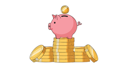 A cartoon illustration depicts a pink piggy bank perched atop stacks of gold coins, with a single coin being deposited, symbolizing savings and financial growth.