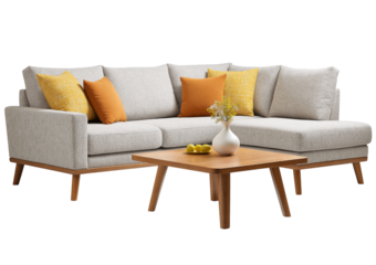 Light gray sectional fabric sofa with orange and yellow accent pillows and wooden coffee table isolated on a transparent background