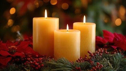 Three lit Christmas candles in a festive centerpiece arrangement. Traditional winter holiday decoration with red poinsettia flowers. Warm advent celebration background