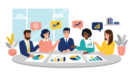 A diverse group of business professionals collaborate around a table, analyzing charts and graphs while discussing financial growth and strategies in a modern office setting.