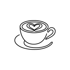 Minimalist line art of a coffee cup with heart latte art on a saucer