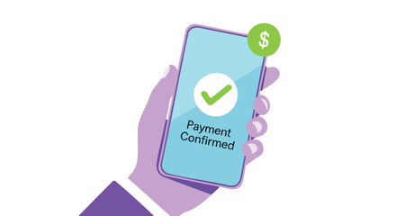 A hand holds a smartphone displaying a payment confirmation message with a green checkmark and dollar sign, signifying a successful transaction in a modern, digital setting.