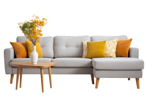 Light gray sectional sofa with decorative pillows and a vase of yellow flowers on a wooden coffee table isolated on a transparent background