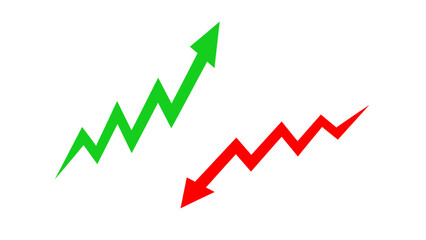 Obraz premium Green arrow trending upwards, red arrow trending downwards, symbolizing market fluctuations and financial performance.