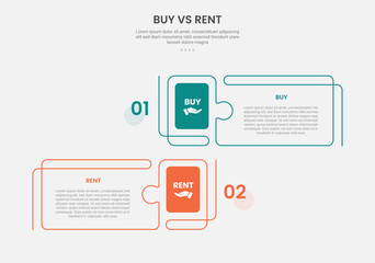 buy vs rent infographic outline style with 2 point comparison template with creative rectangle box with puzzle jigsaw style for slide presentation