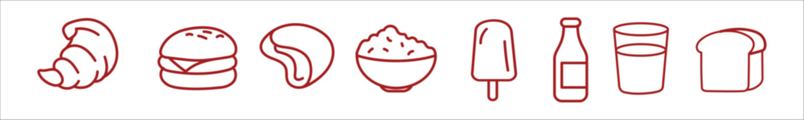 Breakfast Food Icons Set – Croissant, Burger, Cashew, Rice Bowl, Ice Cream, Bottle and Bread Outline Style Illustration