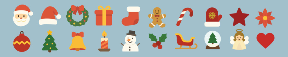 Cute Flat Christmas Icons Collection – Santa, Gifts, Tree, Snowman, Candy Cane, Winter Holiday Decoration Set