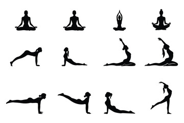 A set of female yoga pose silhouettes in various meditation and stretching positions.