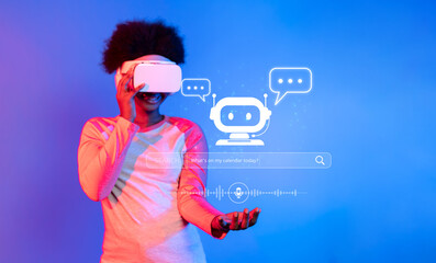 A dynamic scene showcasing a person using virtual reality technology while interacting with an AI chatbot, illustrating future possibilities in digital communication and user experience. XDMCP